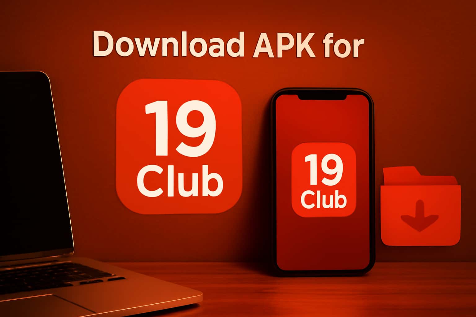 A high-tech scene showcasing the 19 Club APK download process.